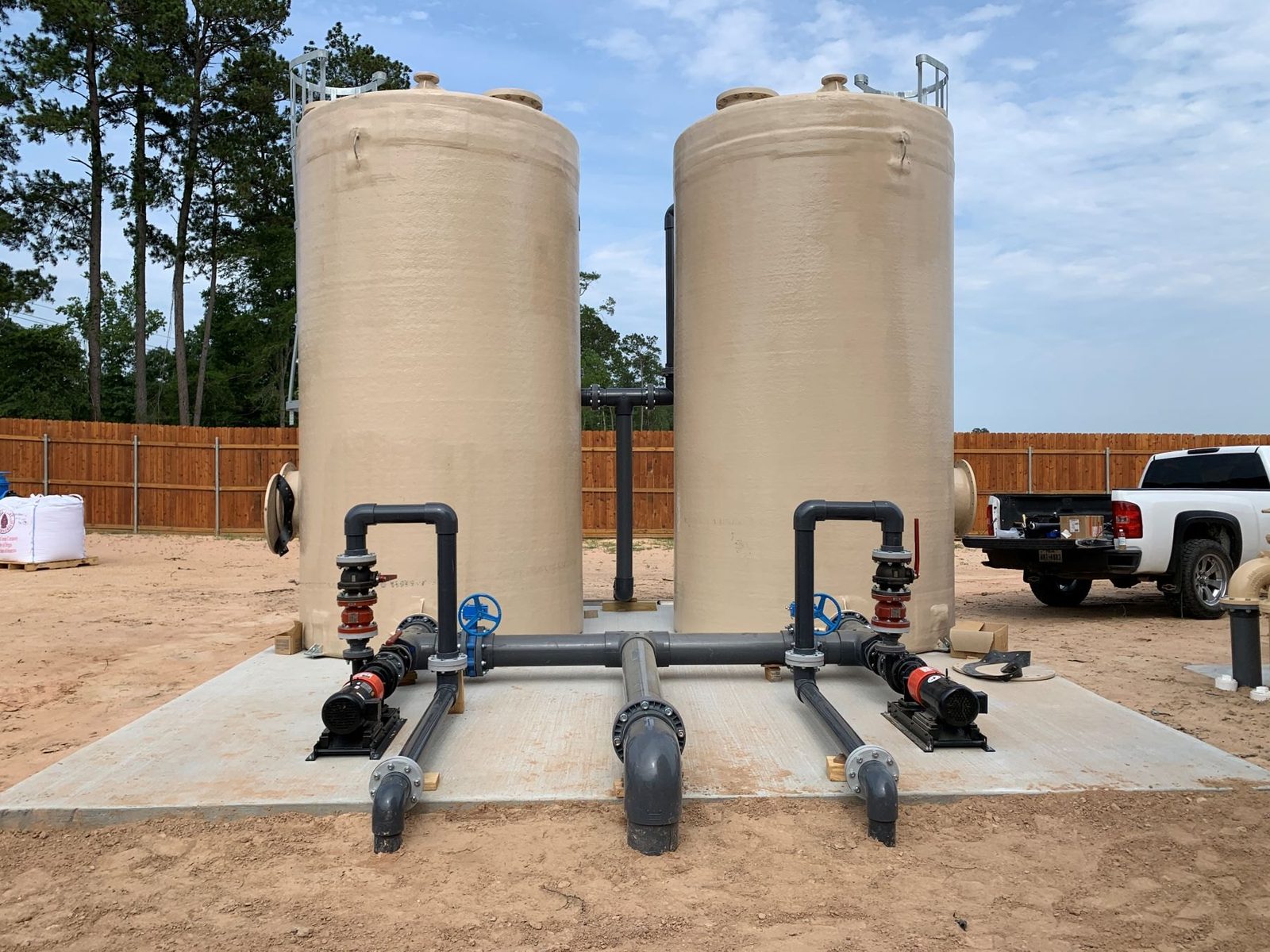WETS filter vessels with interconnecting piping and transfer pumps at a Texas treatment site
