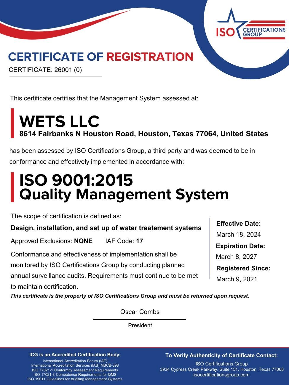 WETS LLC ISO 9001:2015 Certificate of Registration
